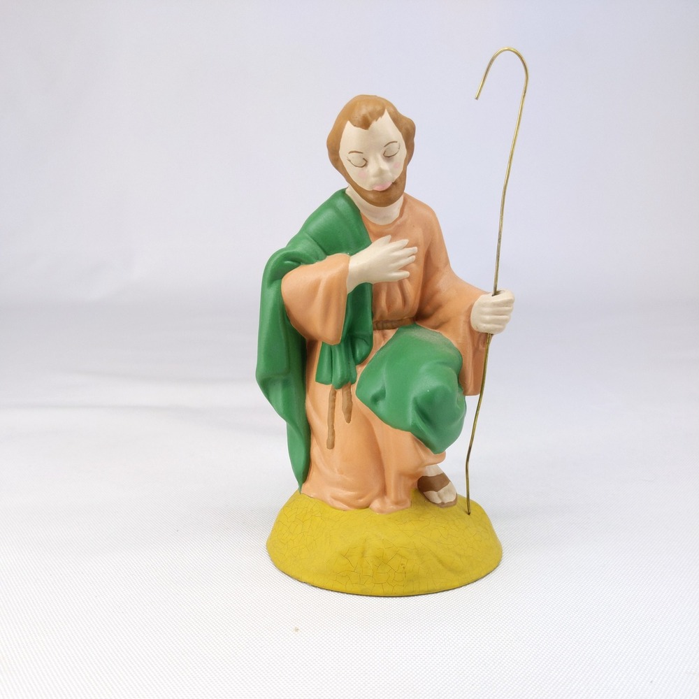 Atlantic Mold Nativity Saint Joseph Figurine Green Orange Vintage Ceramic 5in